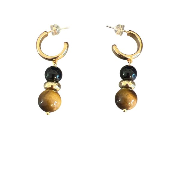 Vintage Gold Tone Tigers Eye Black Onyx Beaded Hoop Earrings Huggies Estate 1.5" - Picture 1 of 4